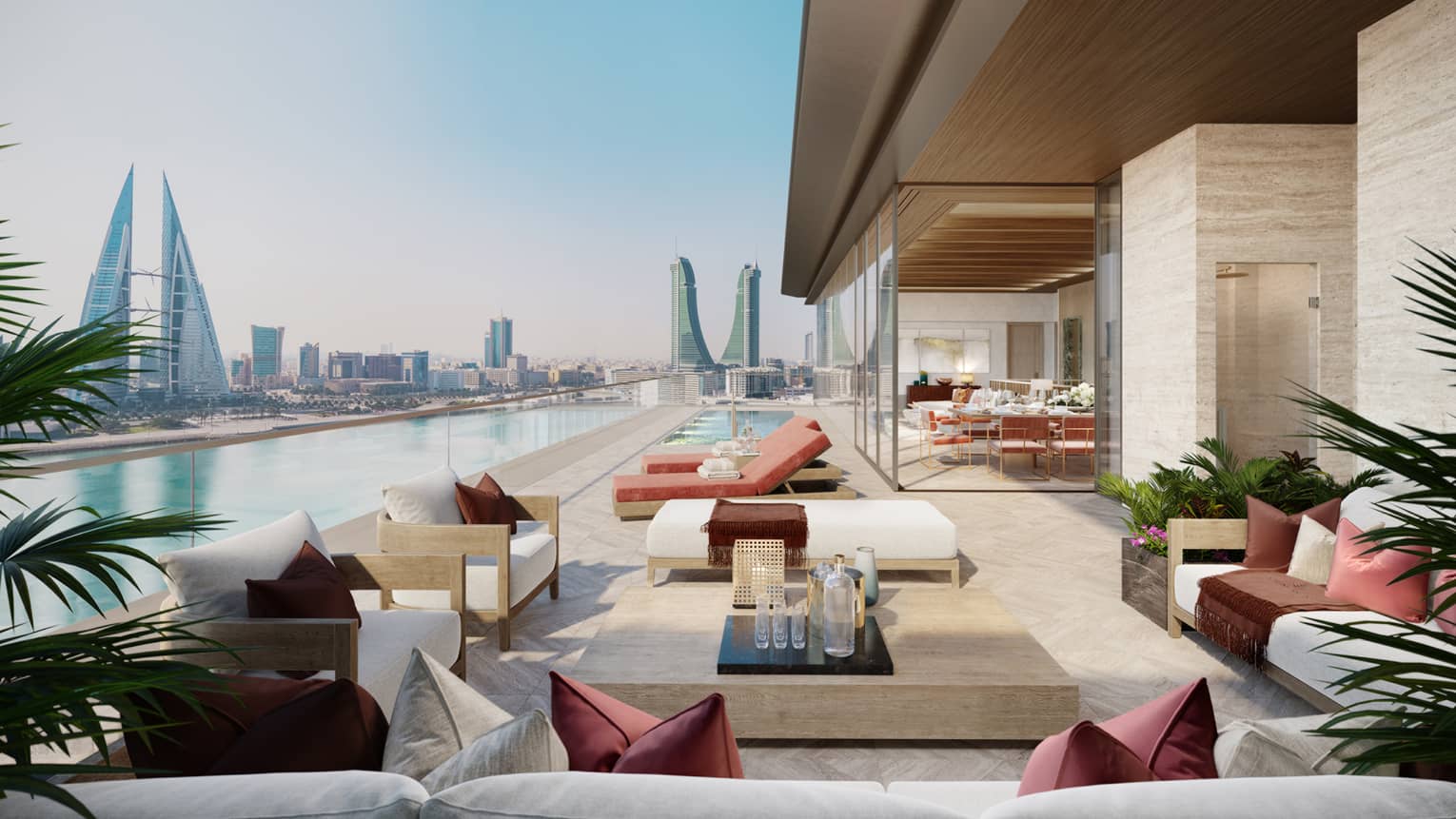 Rendering of residence pool with skyline in background