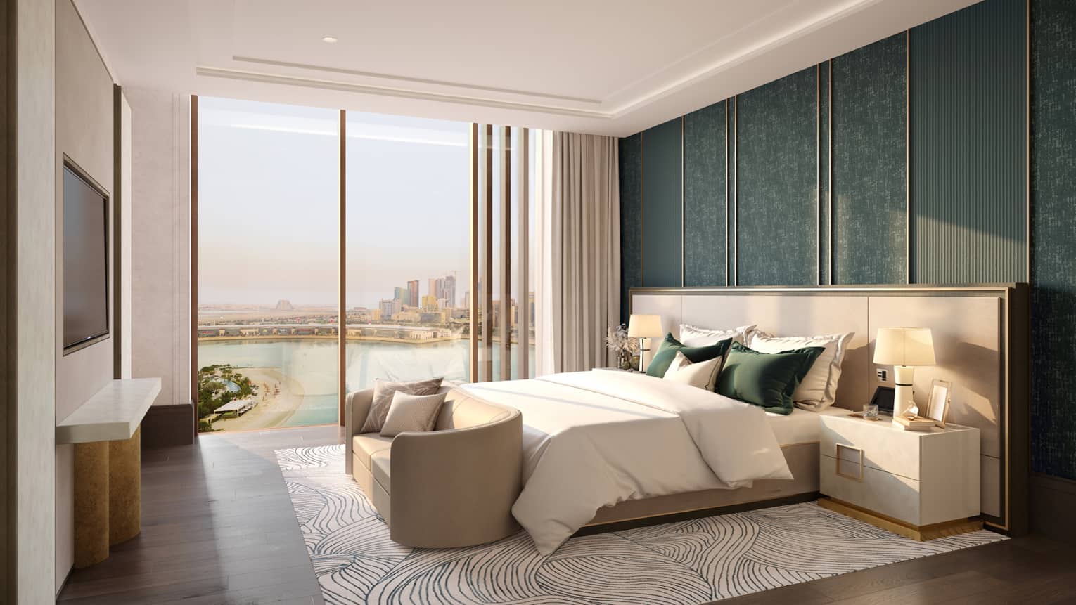 Rendering of residence bedroom with floor-to-ceiling window and skyline view