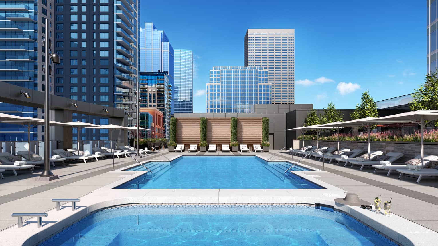 Rendering of outdoor hotel pool with Minneapolis skyline