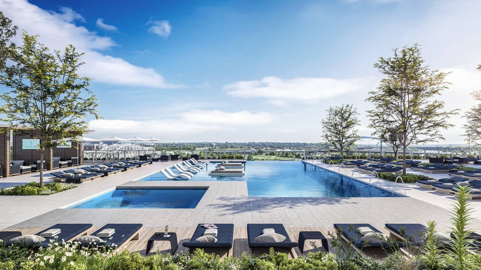 Rendering of outdoor pool with black lounge chairs, pillows, city view